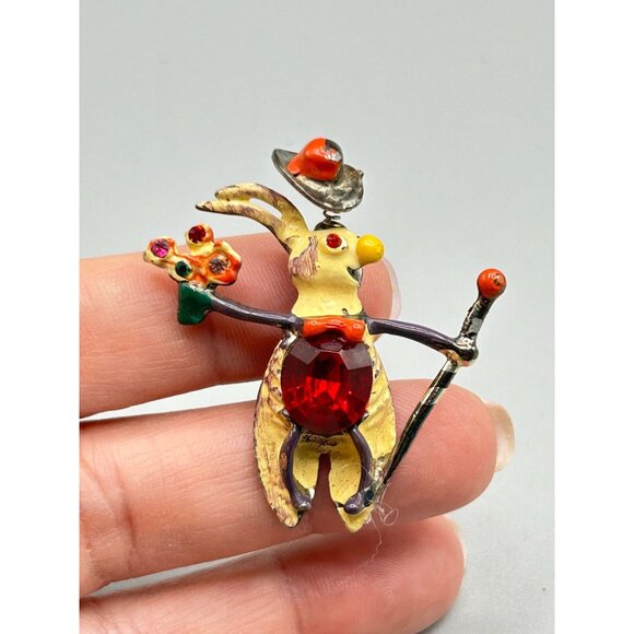 Vintage Trembler Pin Brooch Magician Bunny with Trembling Hat Flowers and Cane - Picture 3 of 8
